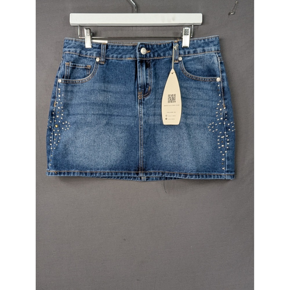 Cali 1850 Womens Studded Denim Mini Skirt Blue Jean Size L 6971